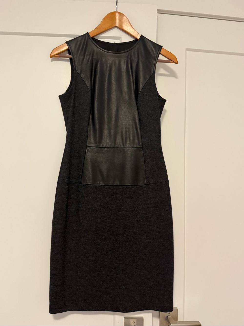 Judith and Charles Sleek Black Faux-Leather Panel Sleeveless Dress